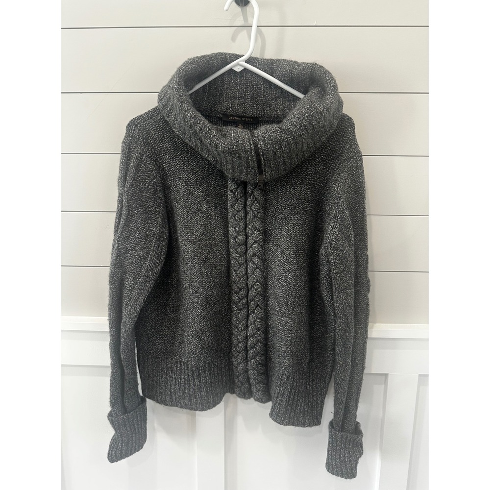 Cynthia Steffe Lambswool Cashmere Cable Knit Zip Funnel Neck Sweater Grey XL